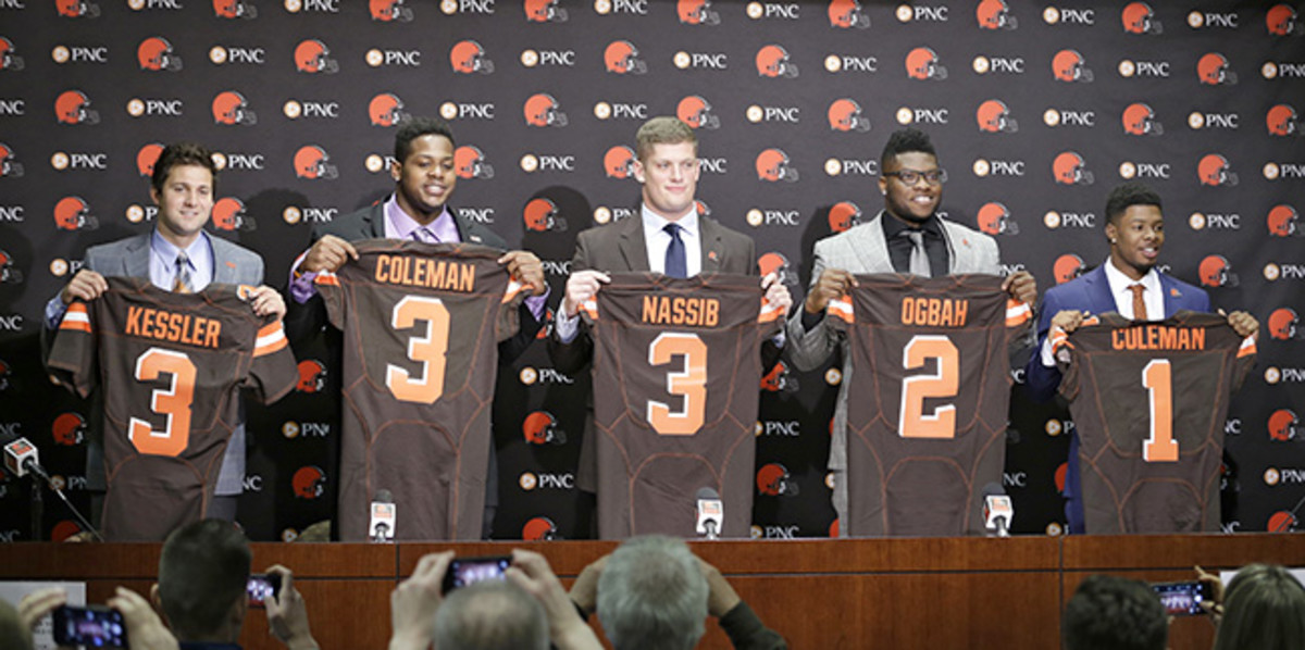 By the end of Friday night, five of the Browns' 14-man draft class was already in place (from left to right): USC QB Cody Kessler, Auburn OL Shon Coleman, Penn State DE Carl Nassib, Oklahoma State DE Emmanuel Ogbah and Baylor WR Corey Coleman.